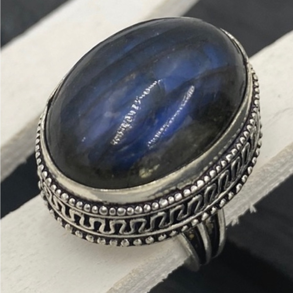 **Sold Out** Labradorite 925 Silver Ring 4.5, Half inch high Raised Cabochon